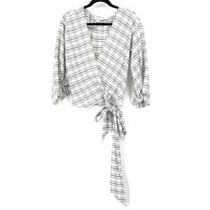 Sundance Wrap Blouse Womens Size PS Black White Windowpane Plaid 3/4 Sleeve